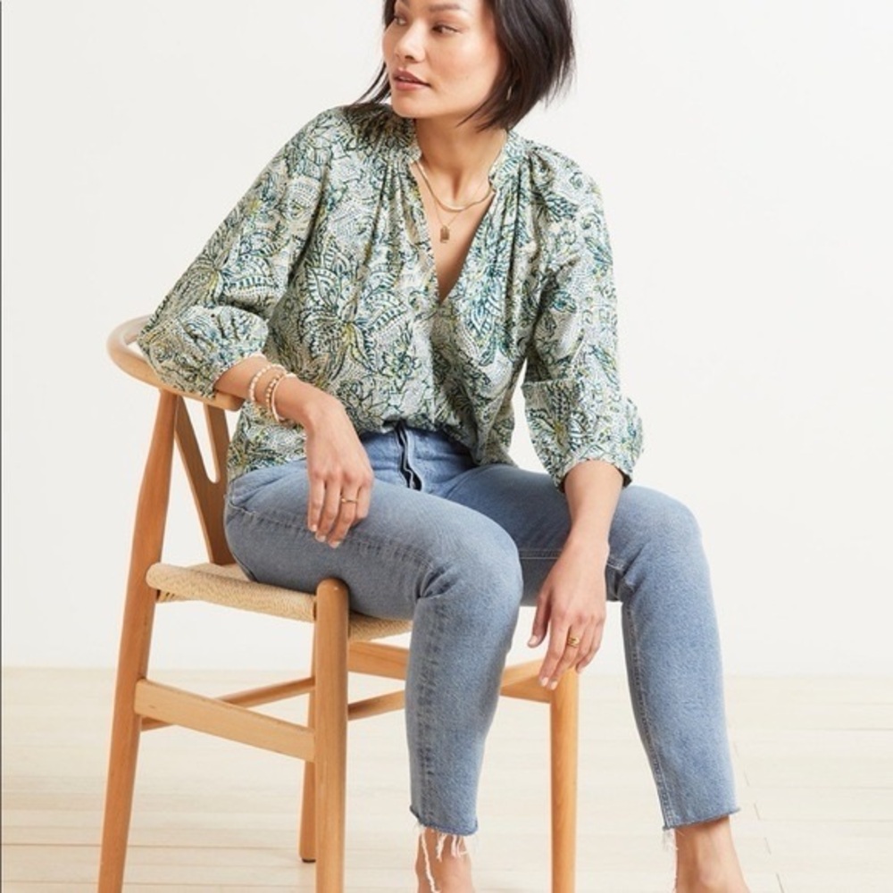 Anthro Roan + Ryan Cassidy Raglan Blouse‎ Size Small Green White Cream